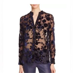 Alice*Olivia Floral Embroidered Sheer Top - Black and Blue, XS